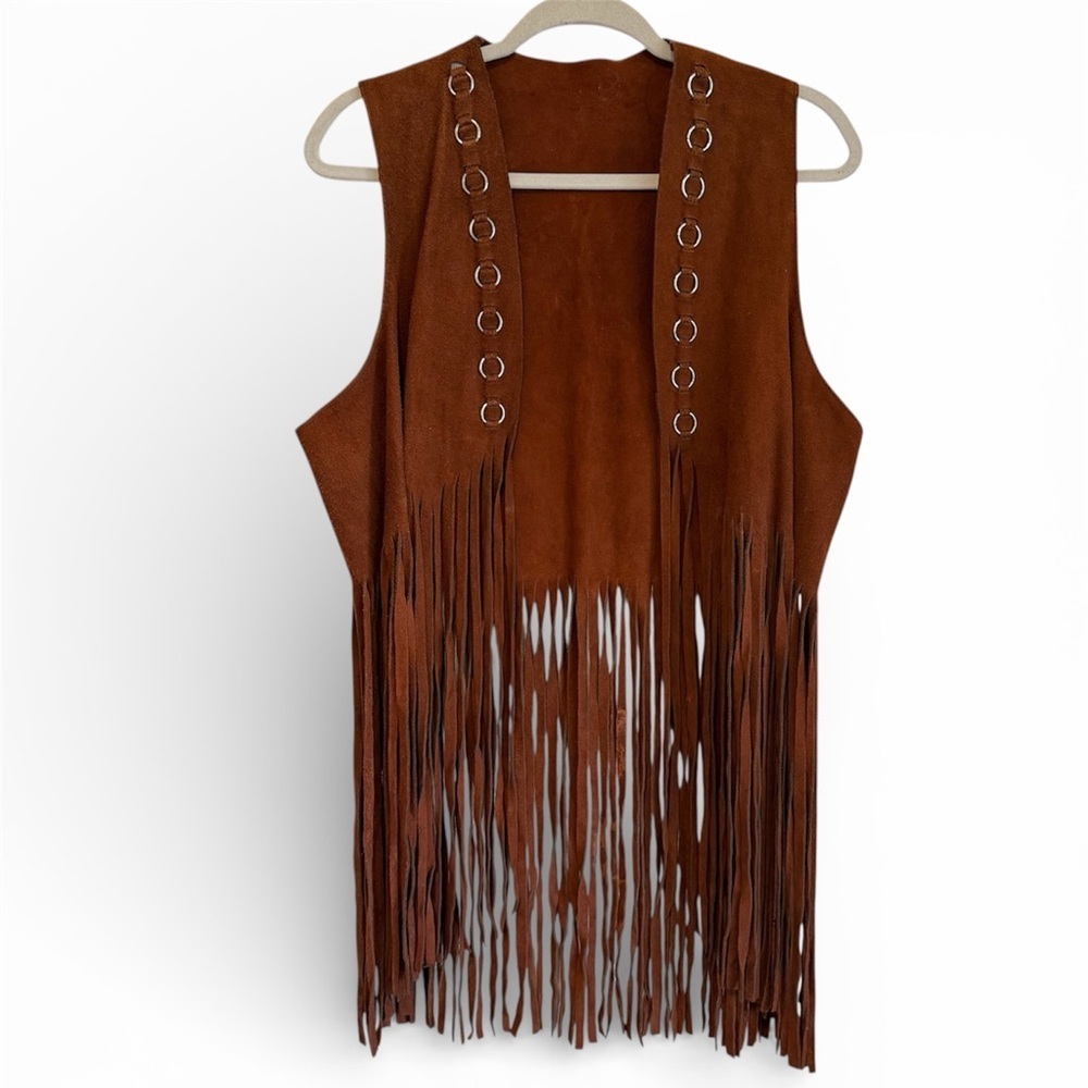 Bohemian Suede Leather fringed vest sz L, cognac color, handmade